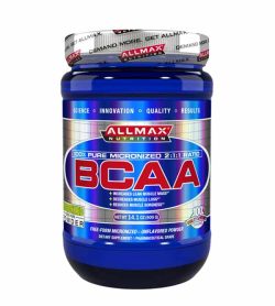 Bouteille bleue de Allmax Nutrition 100% pure micronisée Ratio 2:1:1 BCAA 400g poudre couvercle gris