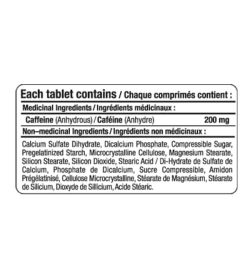supplement facts for Allmax Caffeine 200mg 100 tablets shown in black text in white background