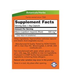 Supplement facts and ingredients panel of NOW Maca 500mg 250 Capsules for serving size of 1 veg capsule