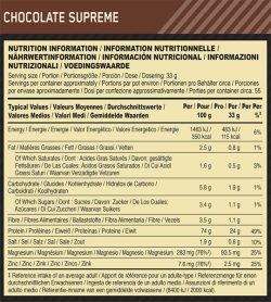 Faits nutritionnels et panel d'ingrédients des suppléments Optimum Nutrition Casein 4lbs Chocolate Supreme, portion de 33 g