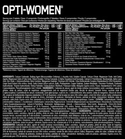 Nutrition fact and ingredients panel of Optimum Nutrition–Opti Woman 120 Capsules supplements Serving size : 2 tablets