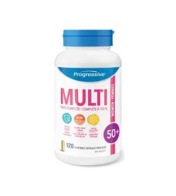White bottle with blue cap of Progressive MultiVitamins Women 50+ contains 120 vegetable capsules