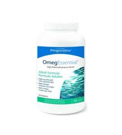White and blue bottle of Progressive Omeg Essential High Potency Adult Formula contains 120 softgels