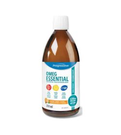 Brown bottle with white cap of Progressive OMEG Essential Fish oil contains 200ml