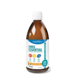 Brown bottle with white cap of Progressive OMEG Essential Fish oil contains 500ml