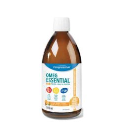 Brown bottle with white cap of Progressive OMEG Essential +D contains 500ml