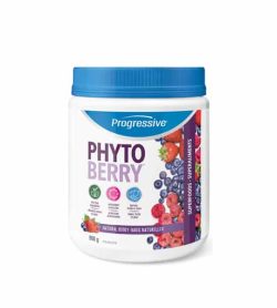 White container with blue cap of Progressive Phyto Berry with Natural Berry flavour contains 900g
