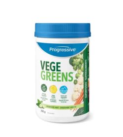 White container with blue cap of Progressive Vege Greens with Mint flavour contains 265 g