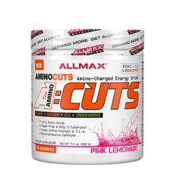 White container with white graphic lid with Allmax New AminoCuts A:Cuts with Pink Lemonade flavour contains 30 servings