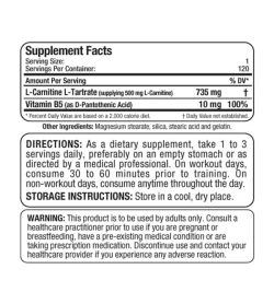 Supplement facts and ingredients panel of Allmax Carnitine Tartrate for a serving size of 1 with 120 servings per container