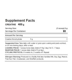 Supplement facts and suggested use of Allmax Creatine Creapure for a serving size of 1 scoop (5 g) with 80 servings per container