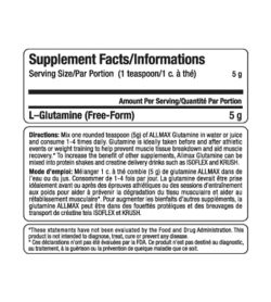 Tableau des informations sur les suppléments d'Allmax Glutamine pour une portion de 1 cuillère à café (5 g), indiqué en texte noir sur fond blanc