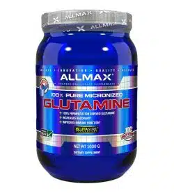 Shiny blue bottle with silver cap of Allmax 100% pure micronized Glutamine dietary supplement contains 1000 g