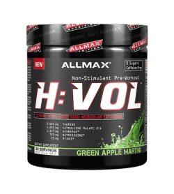 Black container with black graphic lid of Allmax H:Vol non-stimulant pre-workout with green apple martini flavour contains 30 servings