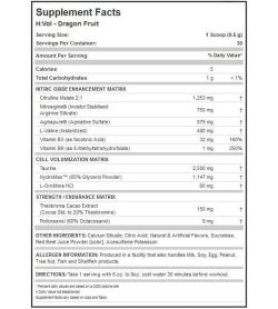 Supplement facts panel of Allmax H-Vol Dragon fruit CDN for a serving size of 1 scoop (9.5 g) with 30 servings per container