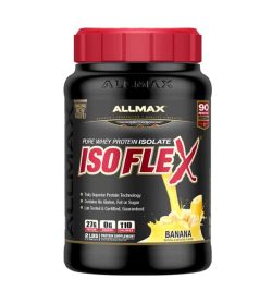 Le récipient noir avec capuchon rouge d'isolat de protéine de lactosérum pure Allmax Isoflex au goût de banane contient 2 lb