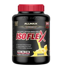 Le récipient noir avec capuchon rouge d'isolat de protéine de lactosérum pur Allmax Isoflex au goût de banane contient 5 lb