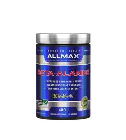 Shiny blue bottle with silver cap of Allmax Beta-Alanine Beta Synth contains 400g of dietary supplement