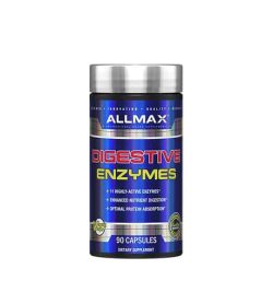 Shiny blue bottle with silver cap of Allmax Digestive Enzymes containing 90 capsules of dietary supplement