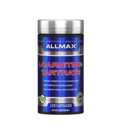 Shiny blue bottle with silver cap of Allmax L-Carnitine+ Tartrate contains 120 capsules of dietary supplement which supports transport of fats to muscle tissues