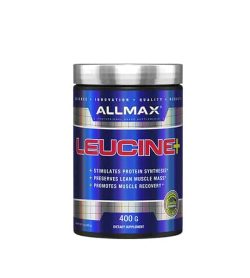 Shiny blue bottle with silver cap of Allmax Leucine+ contains 400g dietary supplement which Stimulates protein synthesis