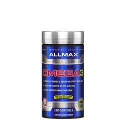 Shiny blue bottle with silver cap of Allmax Omega3 contains 180 softgels of dietary supplement