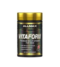 Black container with gold cap of Allmax Vitaform Premium Multi-Vitamin for men dietary supplement contains 60 tablets