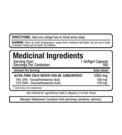 Medicinal ingredients panel of Allmax Omega-3 for a serving size of 1 softgel capsule with 180 servings per container
