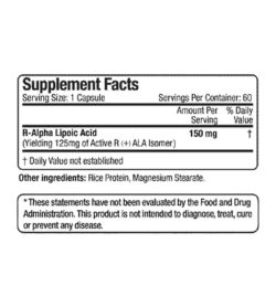 Supplement facts and ingredients panel of Allmax R ALA for a serving size of 1 capsule with 60 servings per container