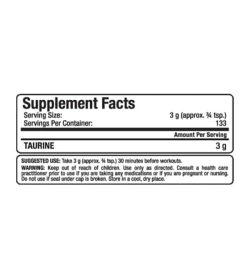 Supplement facts panel of Allmax Taurine for a serving size of 3 g with 133 servings per container