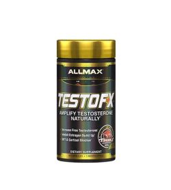 Shiny black bottle with gold cap of Allmax TestoFx Amplify Testosterone Naturally contains 90 Capsules of dietary supplement