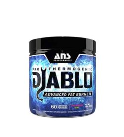 Black container with blue label of ANS Performance Pro Thermogenic Djablo Advanced fat burner contains 60 serving portions