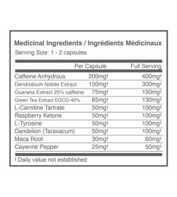 Medicinal ingredient panel for Ballistic Labs Ammo Thermogenic Fat Burner for a serving size of 1-2 capsules