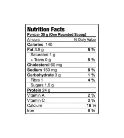 Nutrition facts panel of BioX Power Whey Complex for a serving size of 1 rounded scoop (35 g)