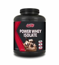 Black container with black cap of BioX Power Whey Isolate with Cookies & Cream flavour contains 2.27 kg 5 lbs