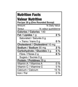 Nutrition facts panel of Bio-x Power Whey Isolate for a serving size of 1 rounded scoop 35 g