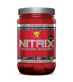 Red bottle with silver cap of BSN Nitrix-2-0 Advanced Strength dietary supplement contains 180 tablets