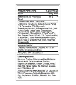 Nutrition facts and ingredients panel of BSN Nitrix-2-0 shown in black text in white background