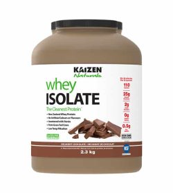 Light brown container with white label of Kaizen Naturals Whey Isolate The cleanest protein with Decadent Chocolate flavour contains 2.3 kg