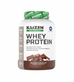 White and brown container with green lid of Kaizen Naturals Whey Protein with Decadent chocolate flavour