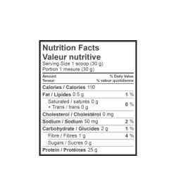 Nutrition facts panel of Kaizen Naturals Whey Protein for serving size of 1 scoop (30 g) showing black text in white background
