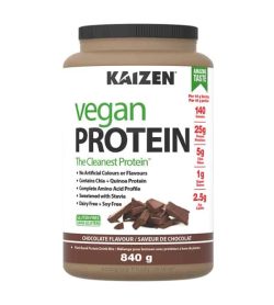 Light brown container with white label of Kaizen Vegan Protein The Cleanest Protein with Chocolate flavour contains 840g
