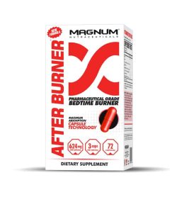 White and red box of Magnum After Burner Pharmaceutical Grade Bedtime Burner dietary supplement contains 72 red capsules