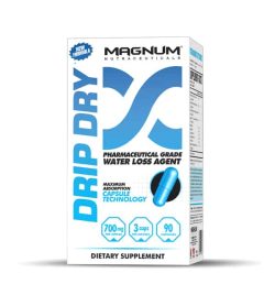 White and blue box of Magnum Drip Dry Pharmaceutical Grade Water Loss Agent dietary supplement contains 90 capsules