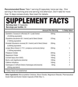 Supplement facts and ingredients panel of Magnum Drip Dry for a serving size of 3 capsules with 30 servings per bottle