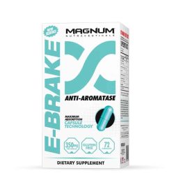 White and blue box of Magnum E-Brake Anti-Aromatase dietary supplement contains 72 blue capsules