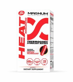 White and red box of Magnum Heat Accelerated Thermogenic Stimulant Matrix dietary supplement contains 120 capsules