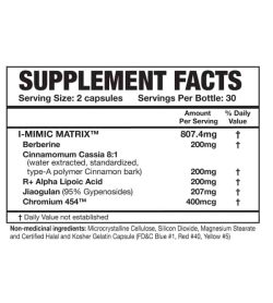 Supplement facts and ingredients panel of Magnum Mimic for serving size of 2 capsules with 30 servings per bottle