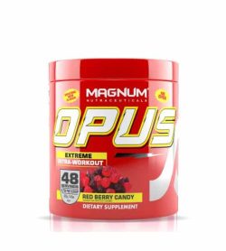 Red container with red cap of Magnum Nutraceuticals OPUS Extreme Intra-Workout with Red berry candy flavour