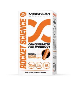White with orange box of Magnum Rocket Science Concentrated Pre-Workout contains 60 capsules of 705 mg
